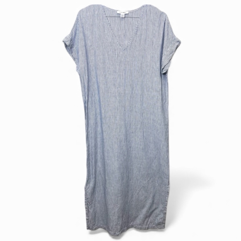 Pure Navy Linen Pin Striped Midi Dress V Neck White Blue Size S